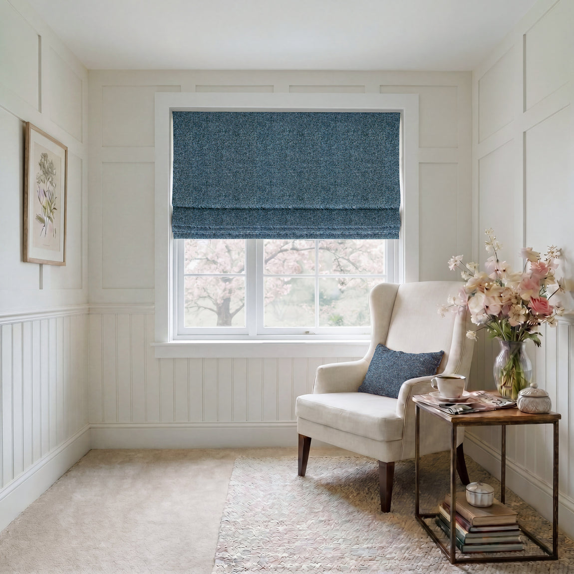 ANTE DECOR Nymans Boucle Made To Measure Roman Blind Deep Blue