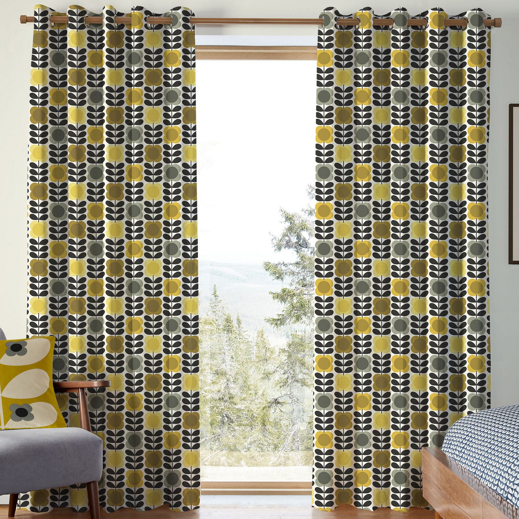 Orla Kiely Spot Flower Stem Made To Measure Curtains Yellow Grey