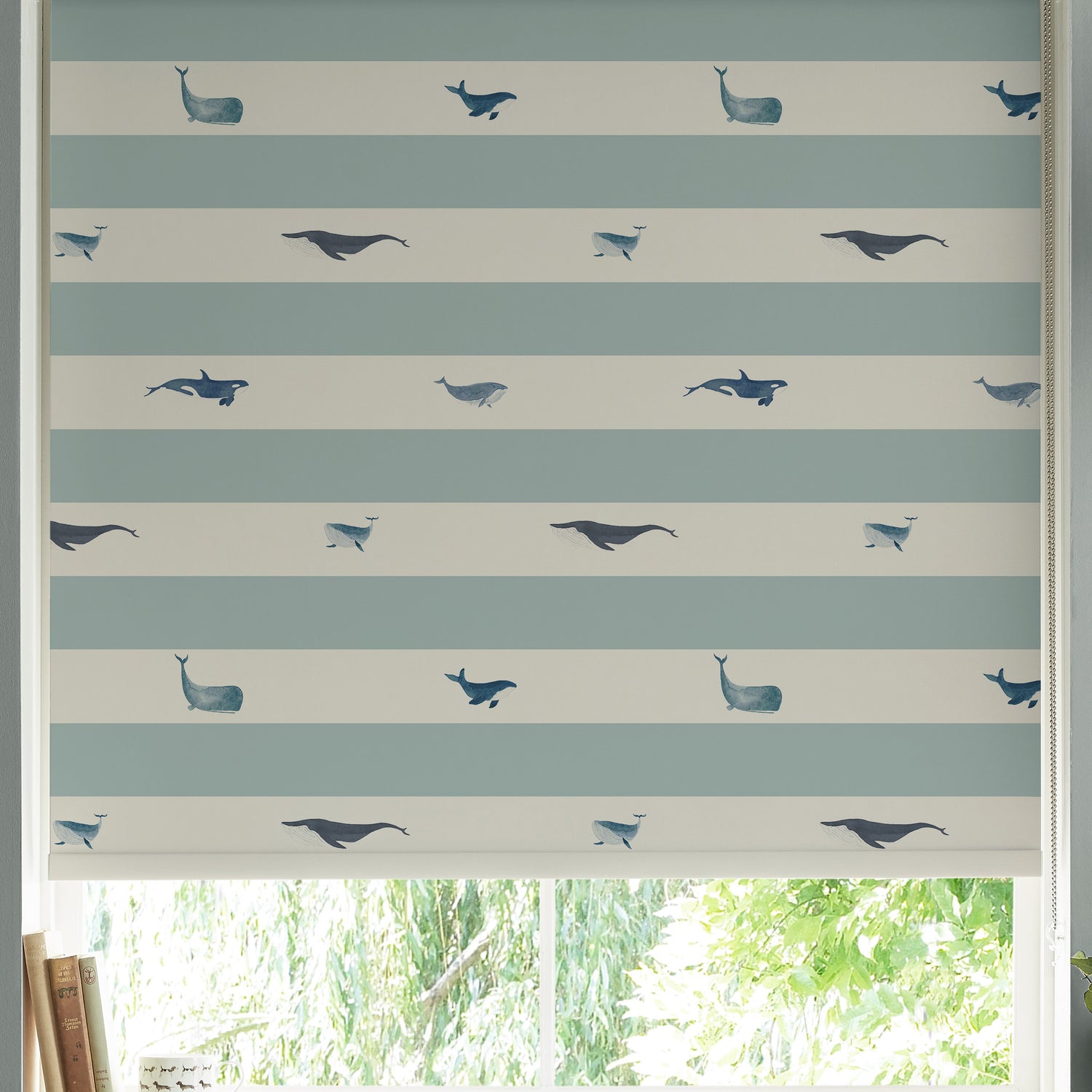 Sophie Allport Whale Stripe Made to Measure Blackout Roller Blind Deep Duck Egg