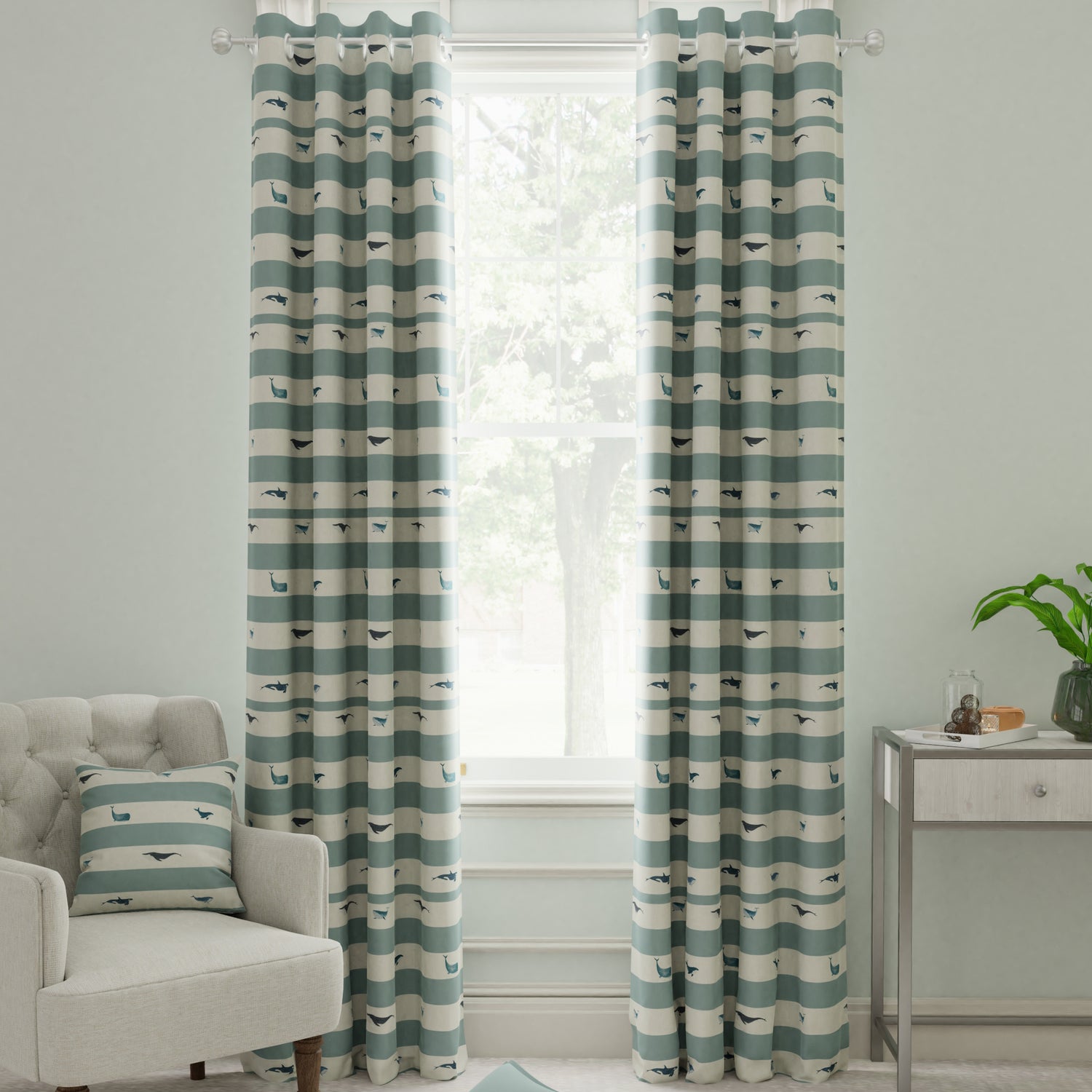 Sophie Allport Whale Stripe Made to Measure Curtain Deep Duck Egg