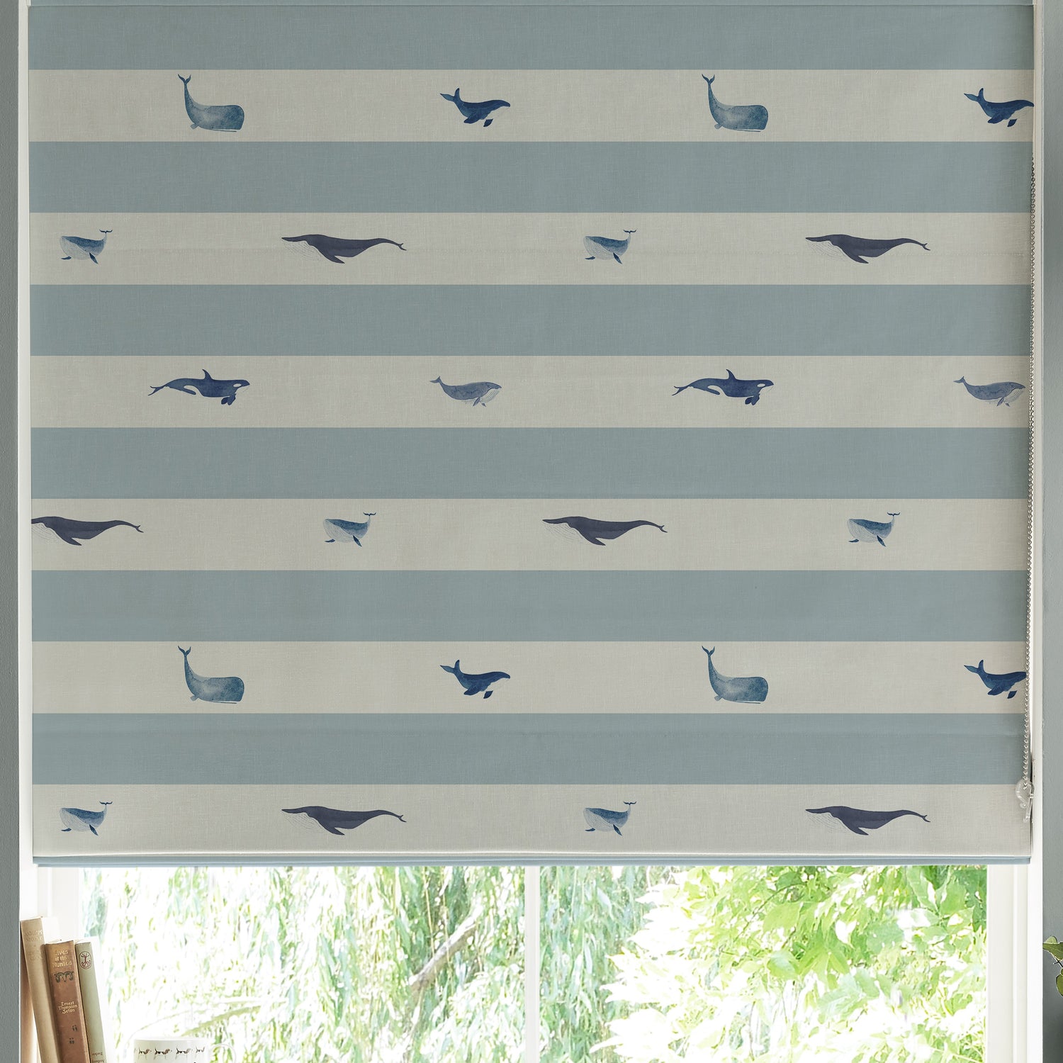 Sophie Allport Whale Stripe Made to Measure Roman Blind Deep Duck Egg