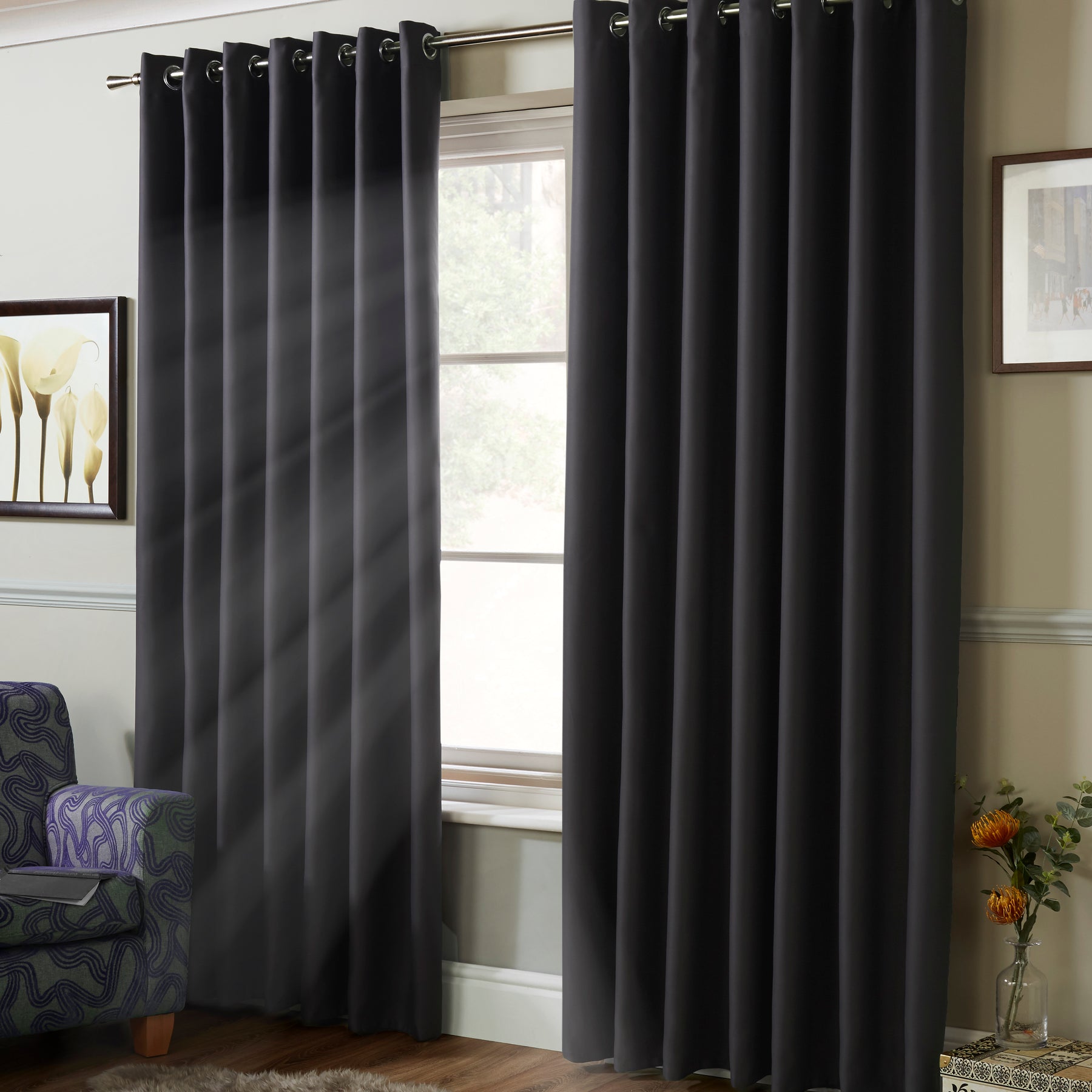 100% Blackout Ready Made Eyelet Blackout Curtains Charcoal