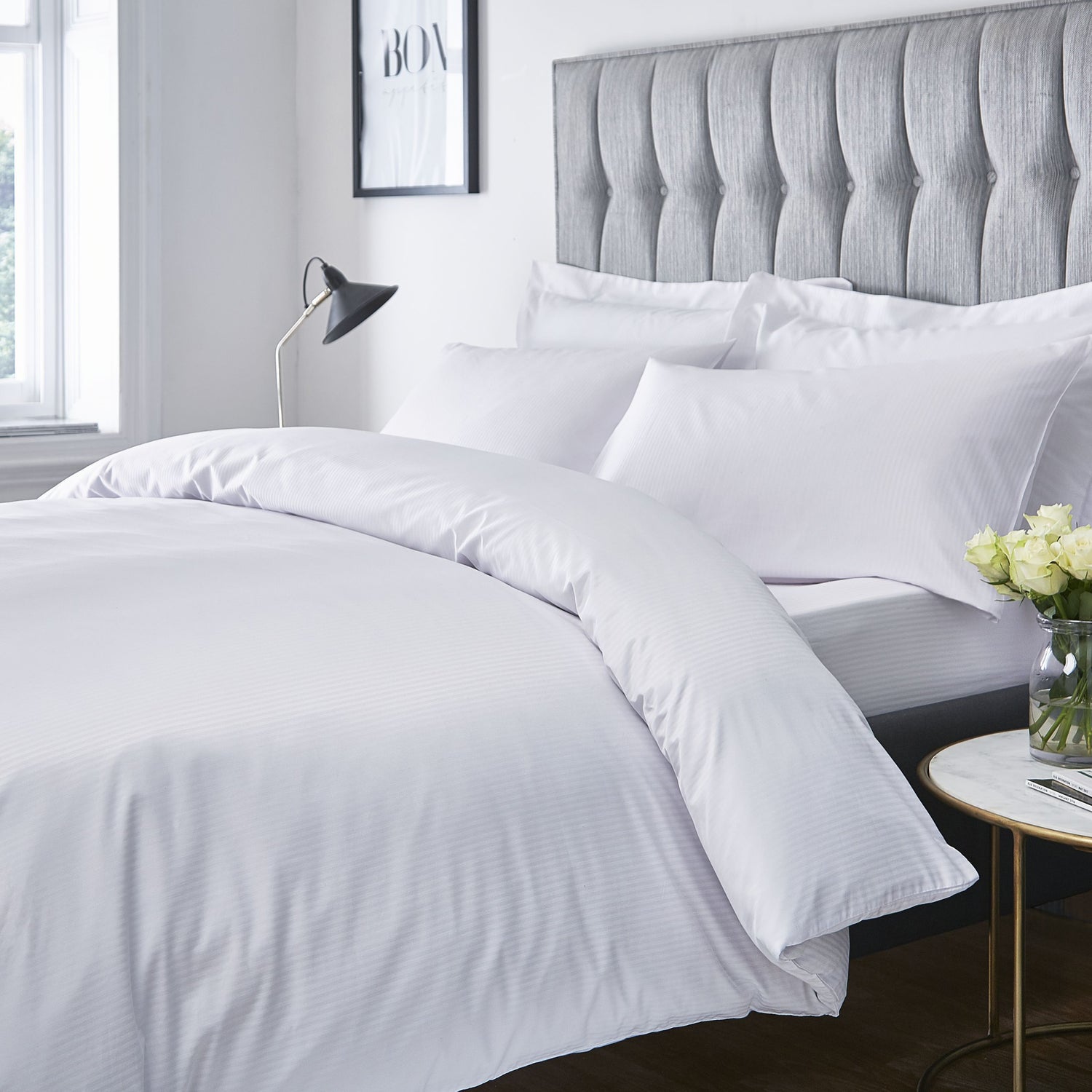 Catherine Lansfield 300 Thread Count Satin Stripe Duvet Cover Bedding Set White