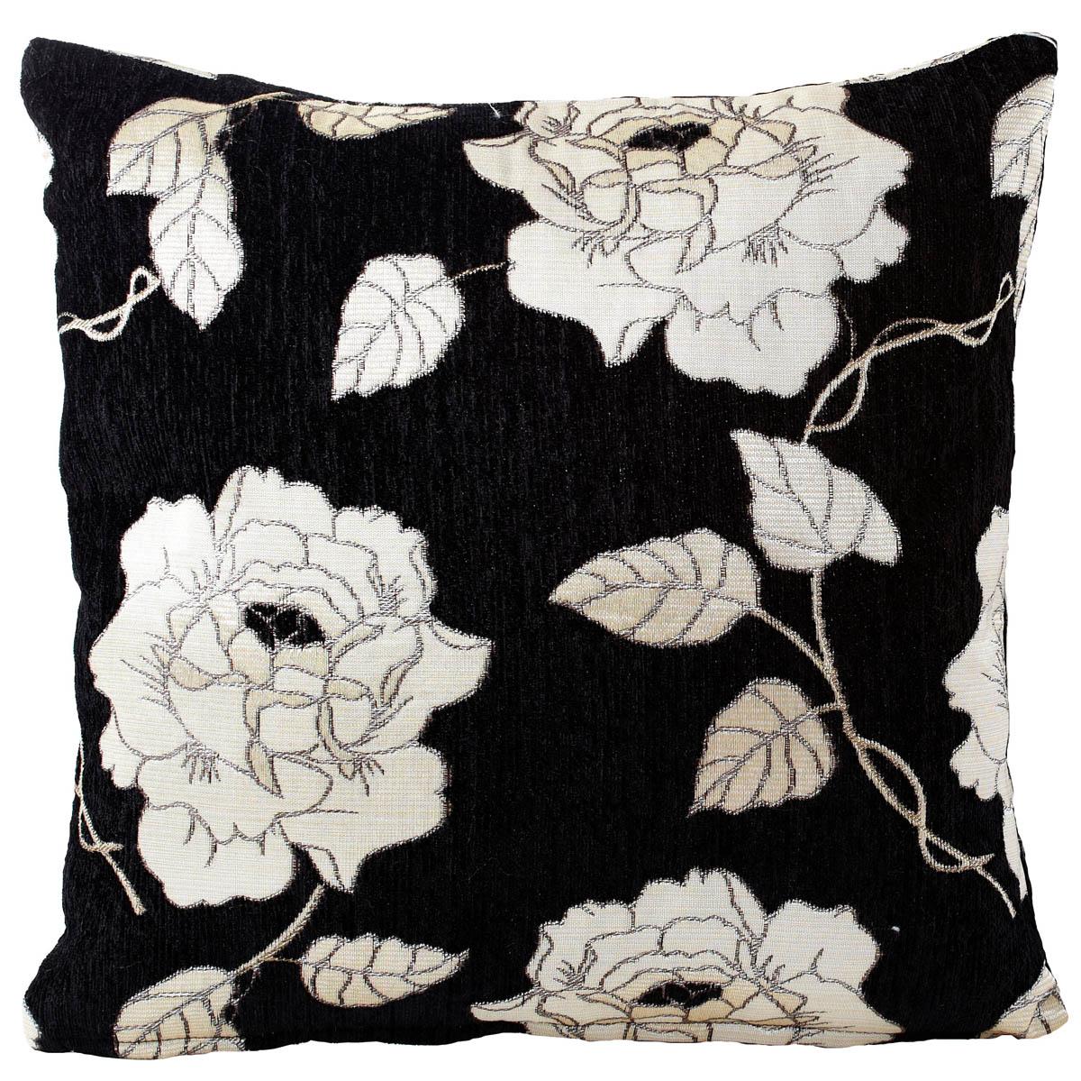 Chenille Rose Filled Cushion 45cm x 45cm Black