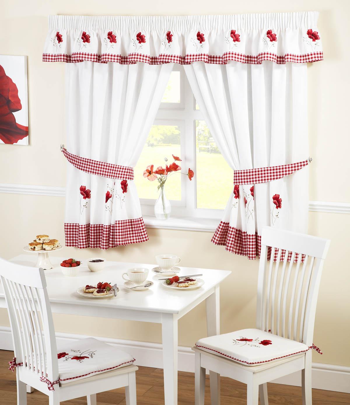 Poppies Kitchen Curtains White/Red
