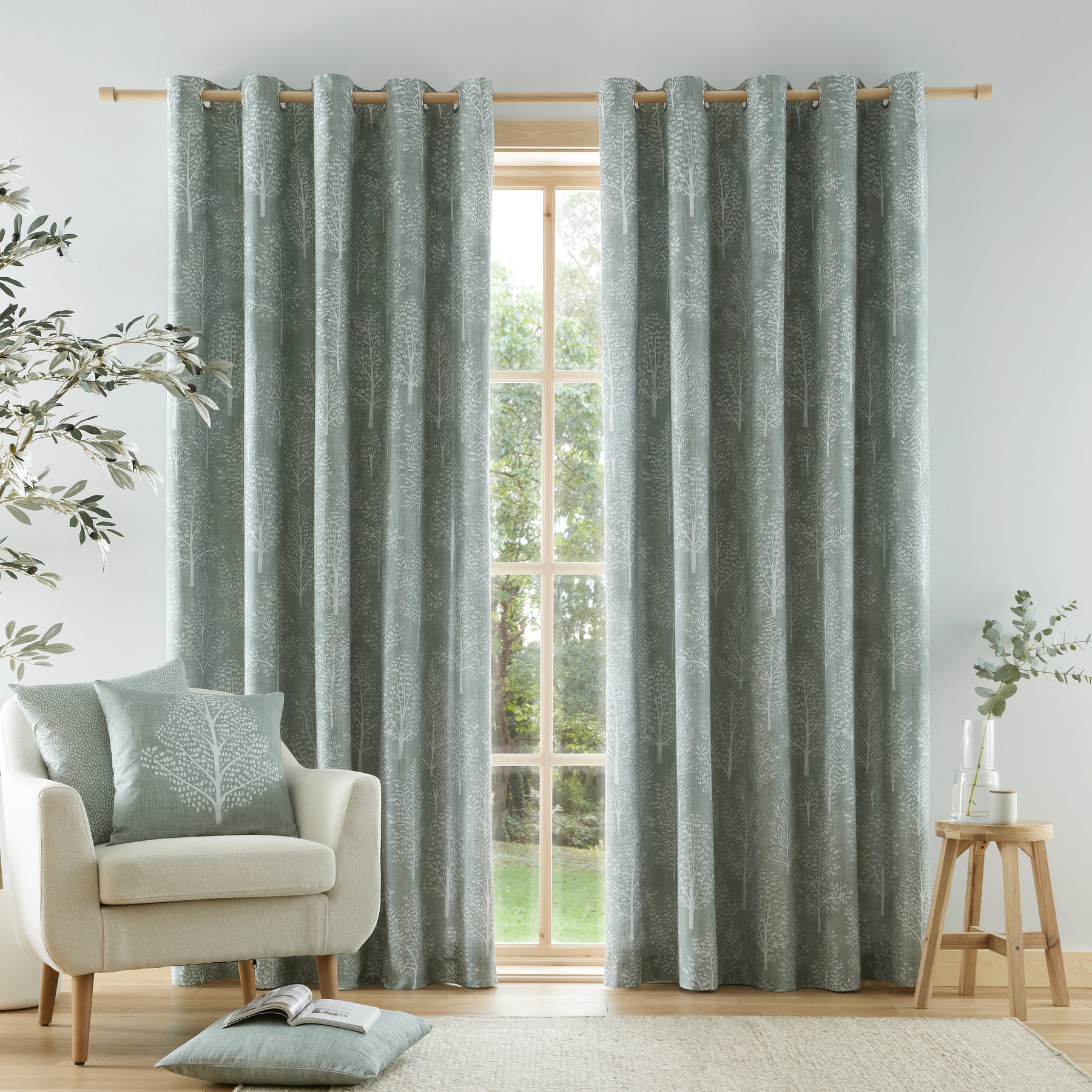 Catherine Lansfield Alder Trees Ready Made Eyelet Curtains in Sage ...
