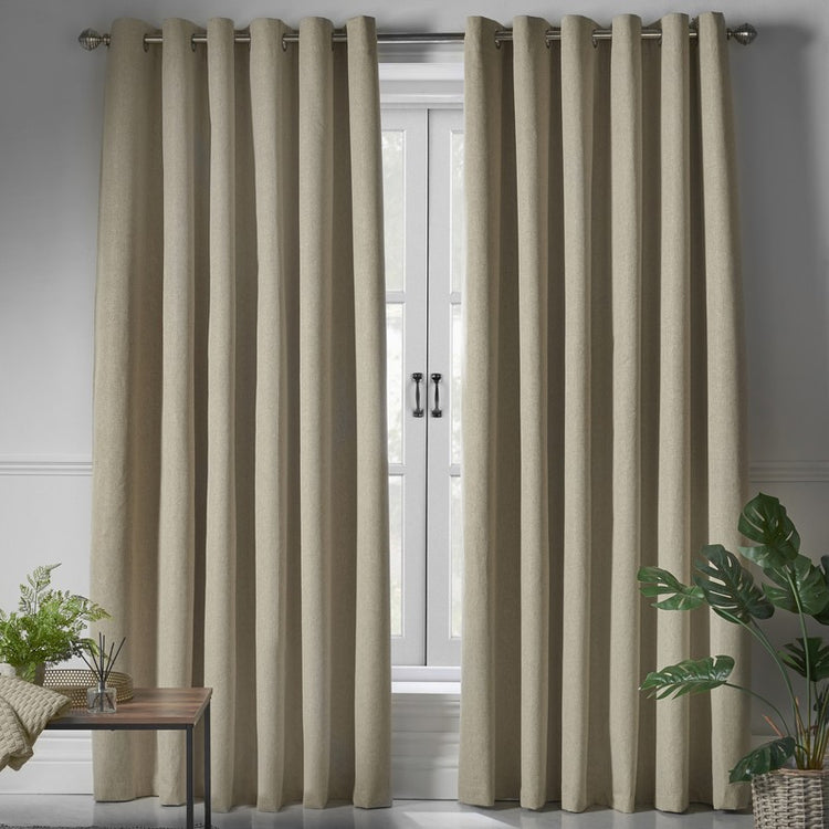 Blackout Linen Look Ready Made Eyelet Blackout Curtains in Beige Low