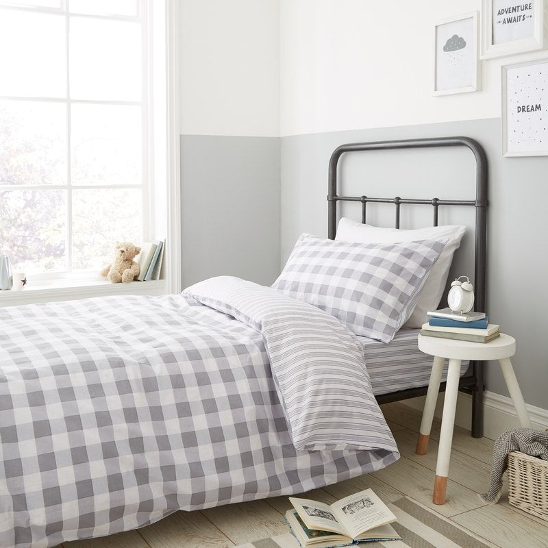 Bianca Check And Stripe Duvet Cover Bedding Set Grey