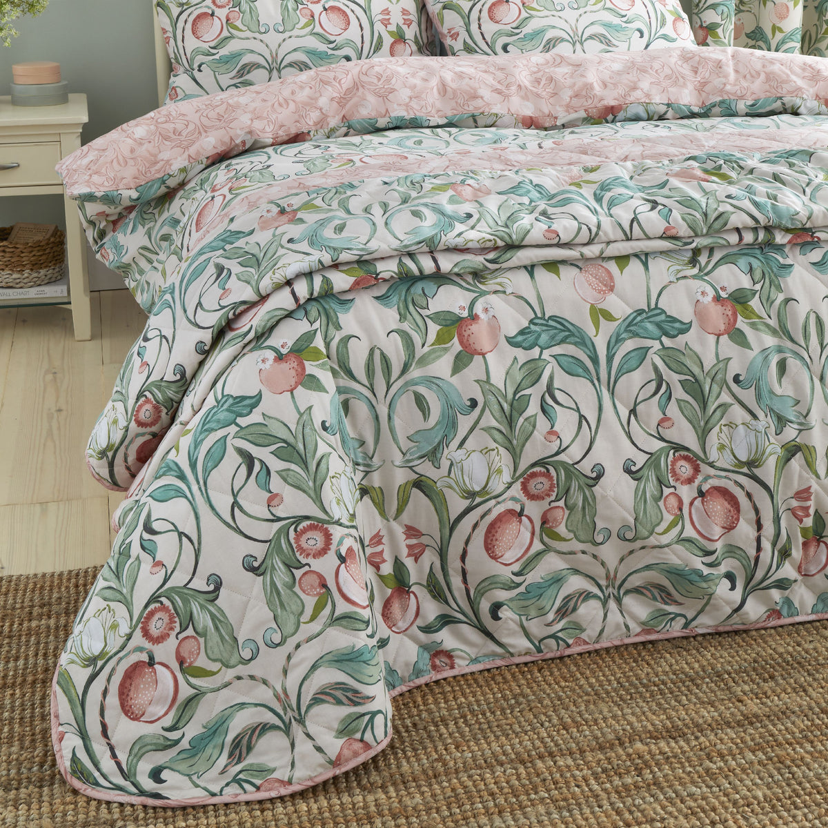 Catherine Lansfield Clarence Floral 220cm x 230cm Bedspread Natural Green