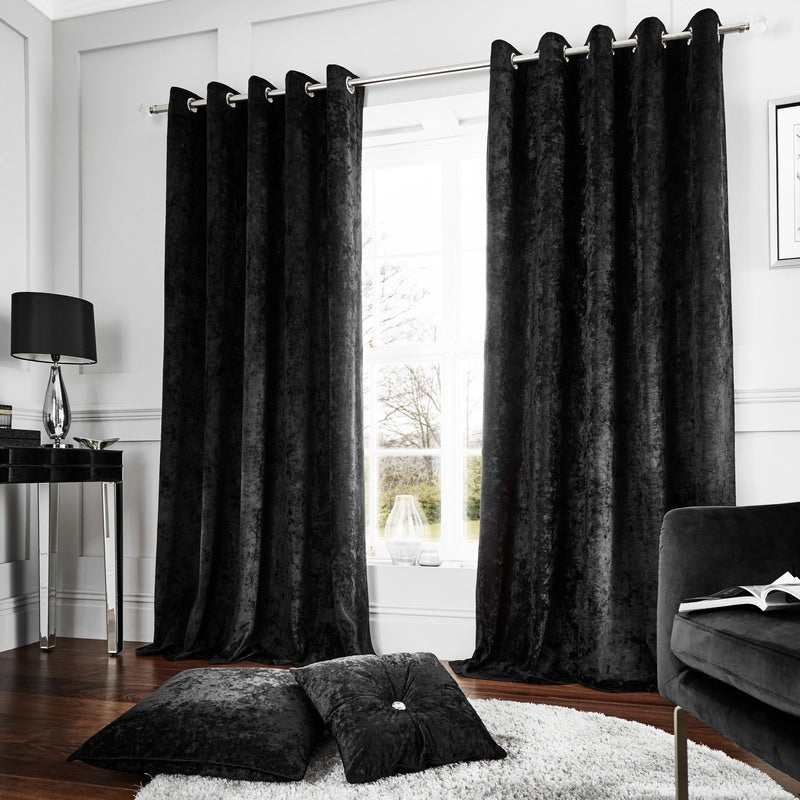 Catherine Lansfield Crushed Velvet Ready Made Eyelet Curtains Black