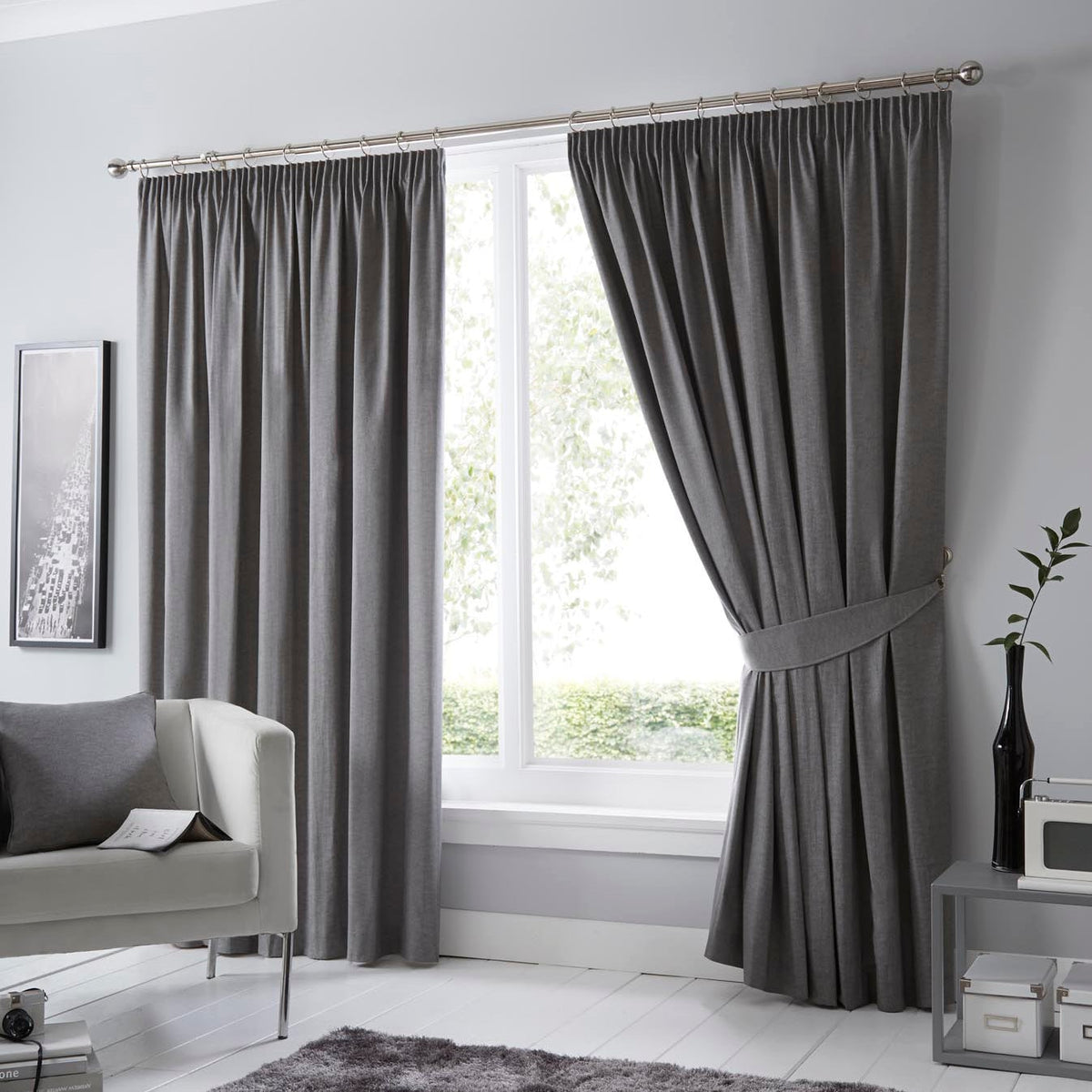Fusion Dijon Blackout Ready Made Pencil Pleat Curtains Charcoal