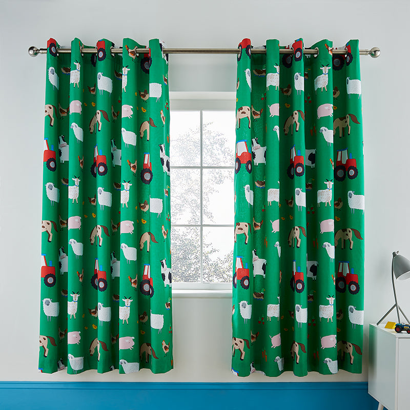 Catherine Lansfield Farmyard Animals Ready Made Eyelet Curtains 66x72 Green