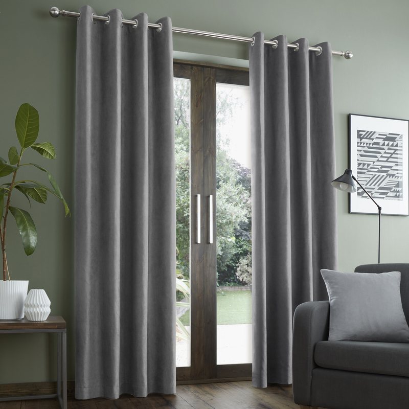 Catherine Lansfield Faux Suede With Lining Ready Made Eyelet Curtains Grey