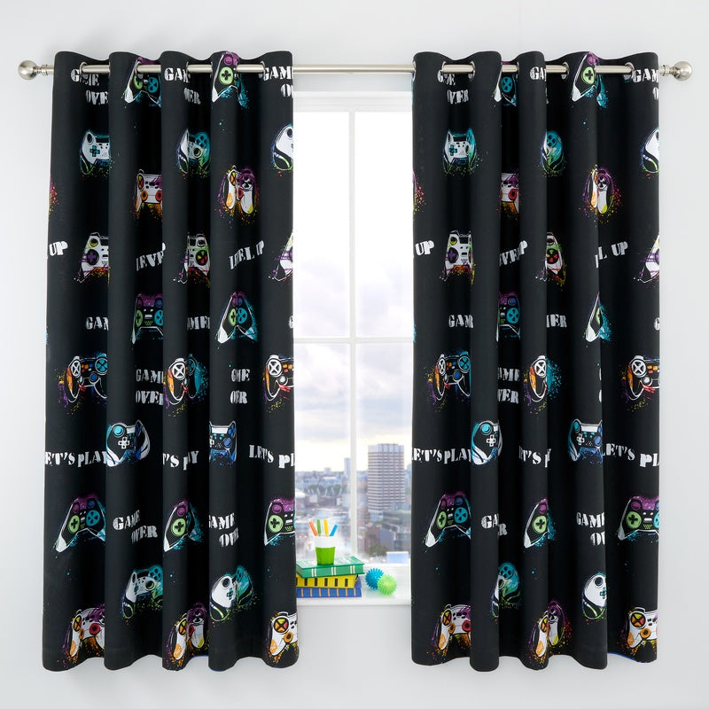 Catherine Lansfield Game Over Ready Made Eyelet Curtains 66x72 Black
