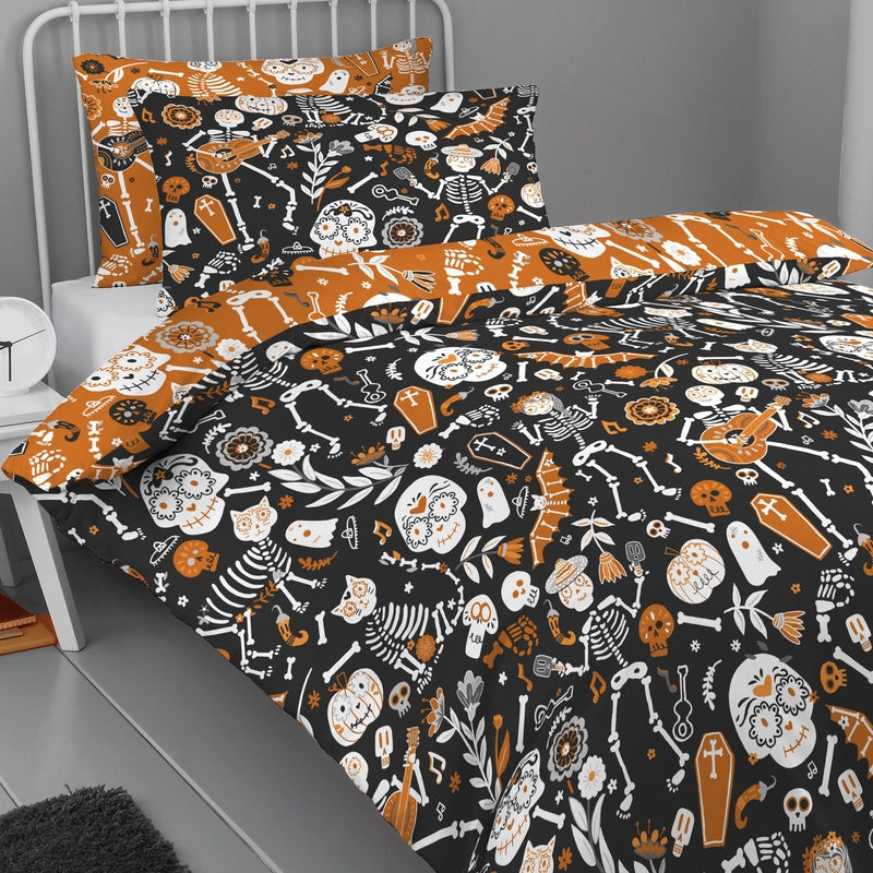 Halloween Day Of The Dead Duvet Cover Bedding Set Black Orange