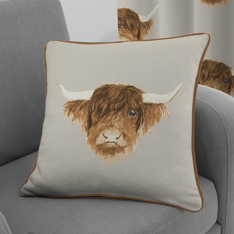 Highland Cow Filled Cushion 43cm x 43cm Natural