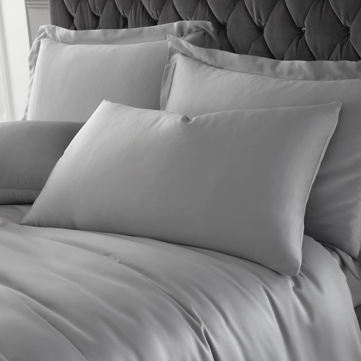 Catherine Lansfield Silky Soft Satin Duvet Cover Bedding Set Silver Grey