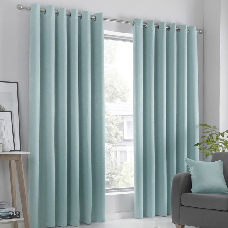 Fusion Duckegg Strata Woven Dimout Ready Made Eyelet Curtains Terrys