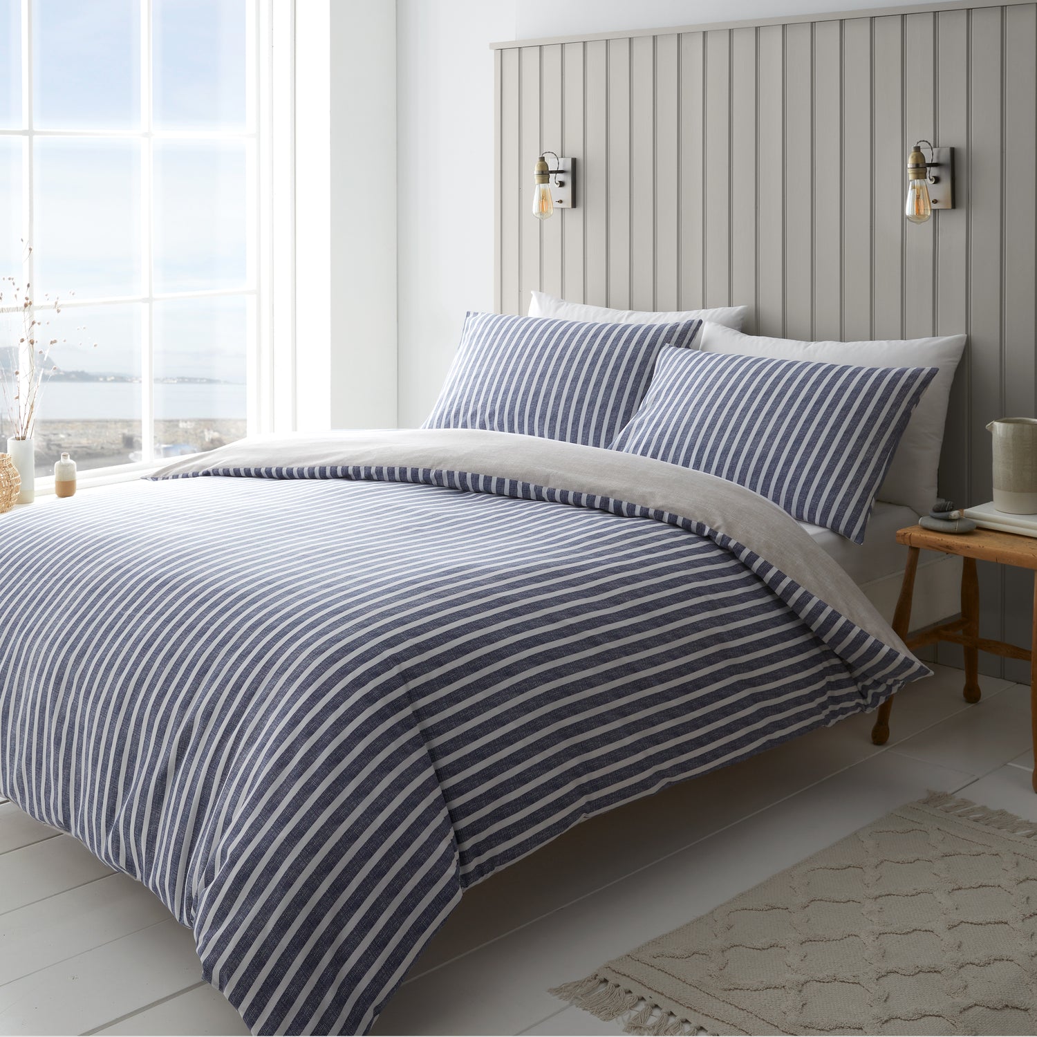 Catherine Lansfield Textured Banded Stripe Duvet Cover Bedding Set Blue