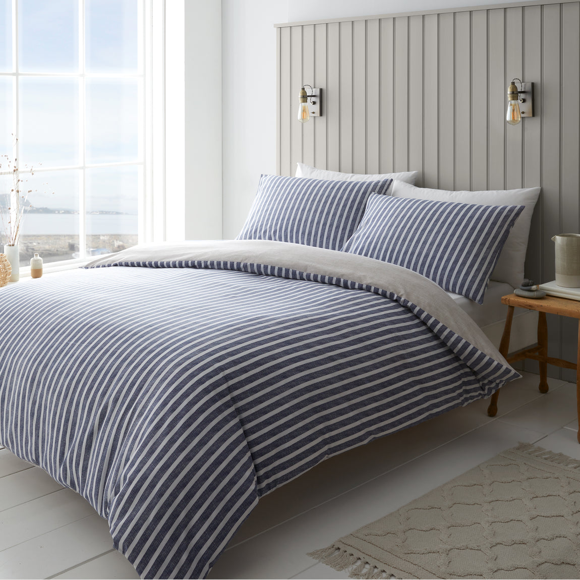 Catherine Lansfield Textured Banded Stripe Duvet Cover Bedding Set Blue