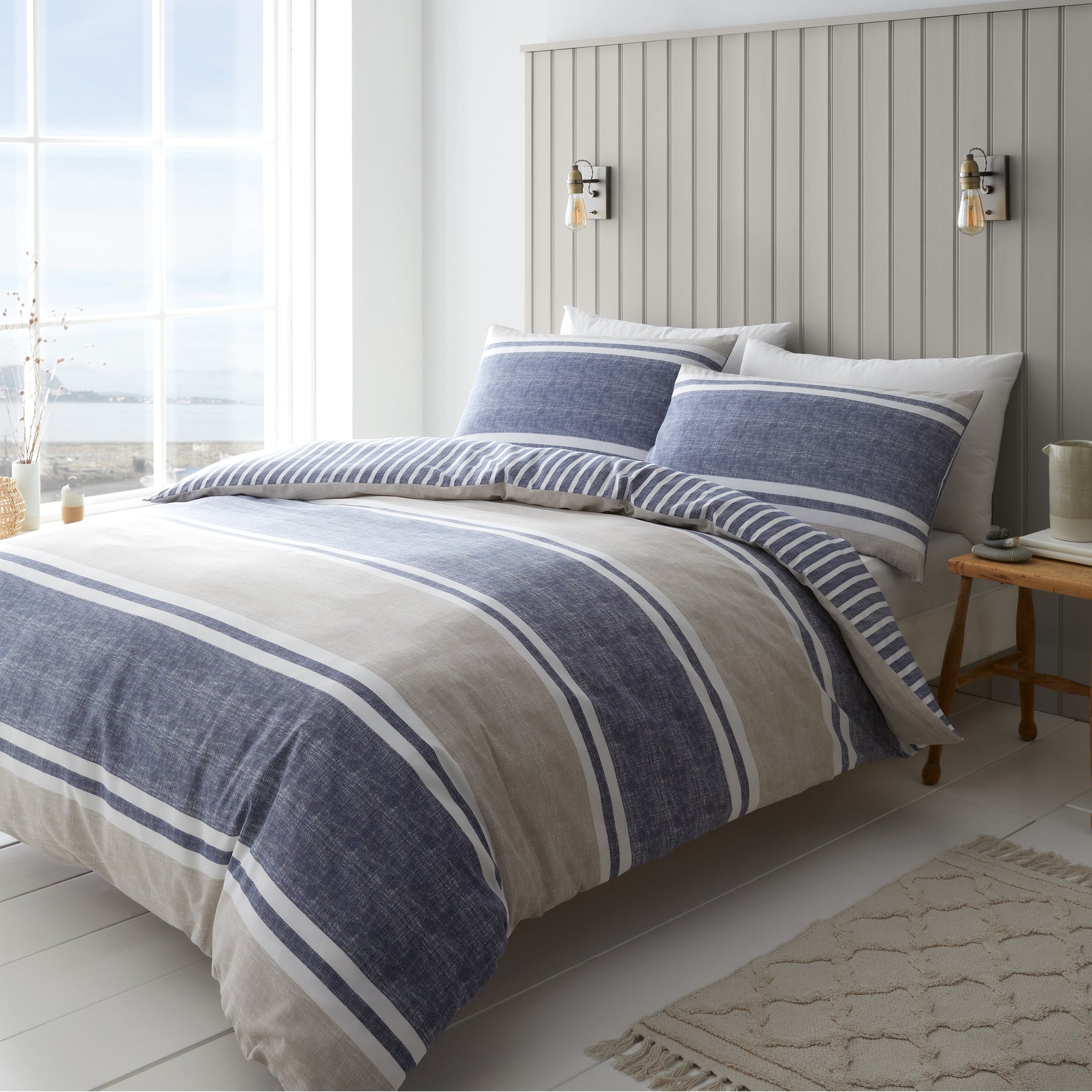 Catherine Lansfield Textured Banded Stripe Bedding Set Blue