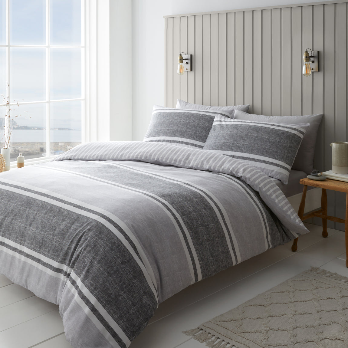 Catherine Lansfield Textured Banded Stripe Duvet Cover Bedding Set Charcoal Grey