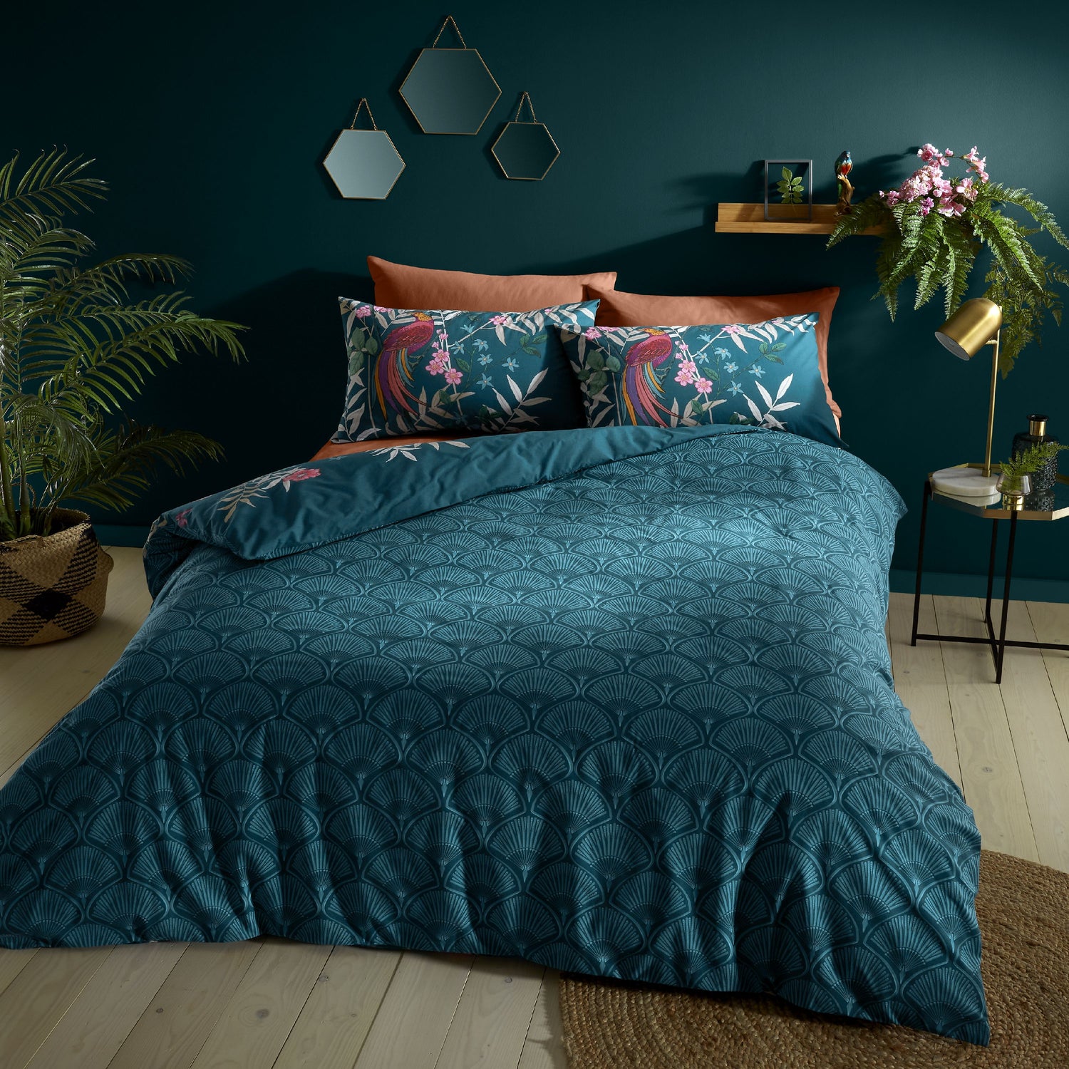 Catherine Lansfield Tropical Floral Birds Duvet Cover Bedding Set Blue