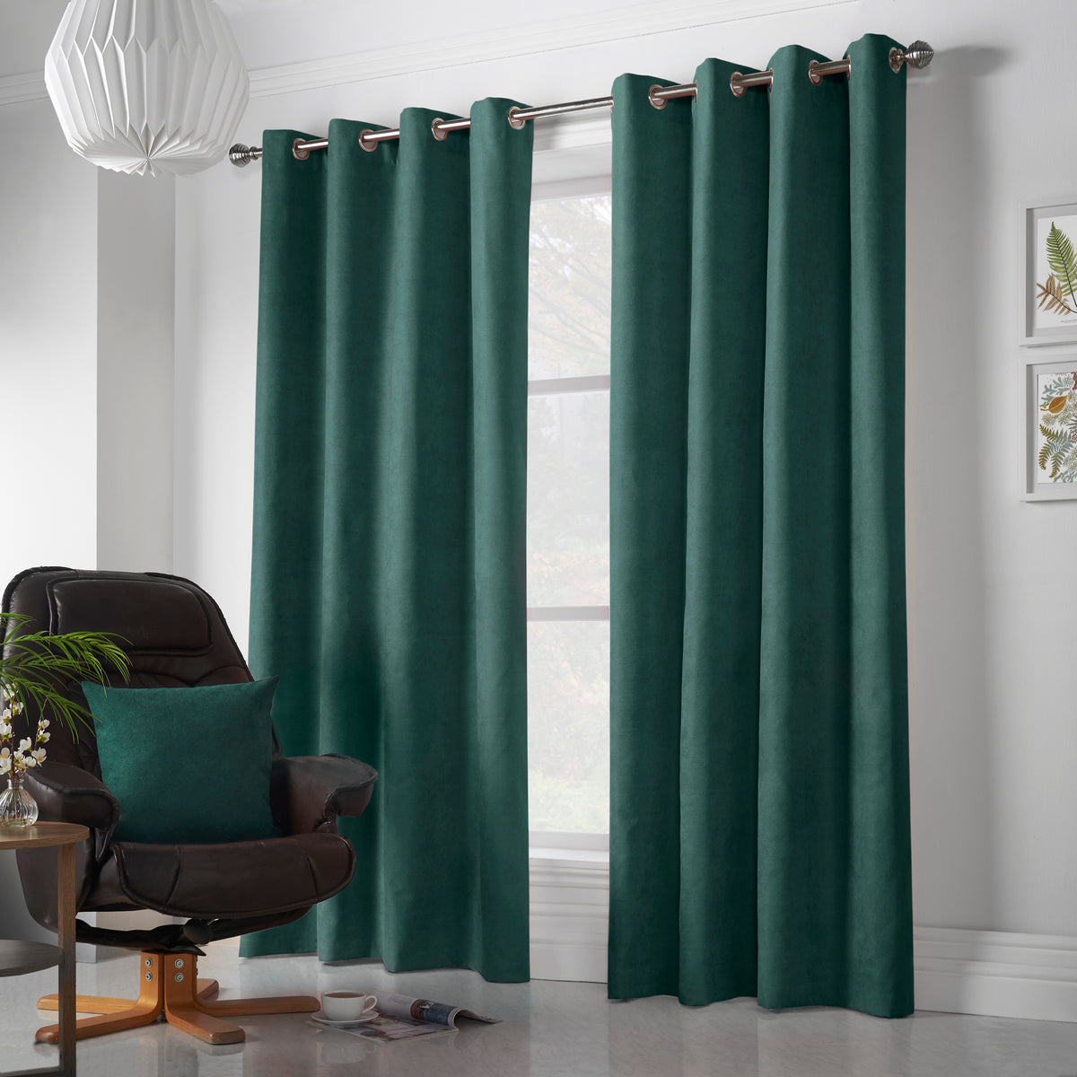 Chenille Ready Made Eyelet Curtains Green