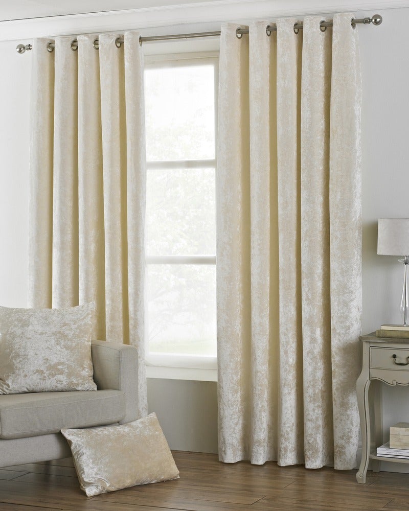 Verona Crushed Velvet  Ready Made Lined Eyelet Curtains Ivory