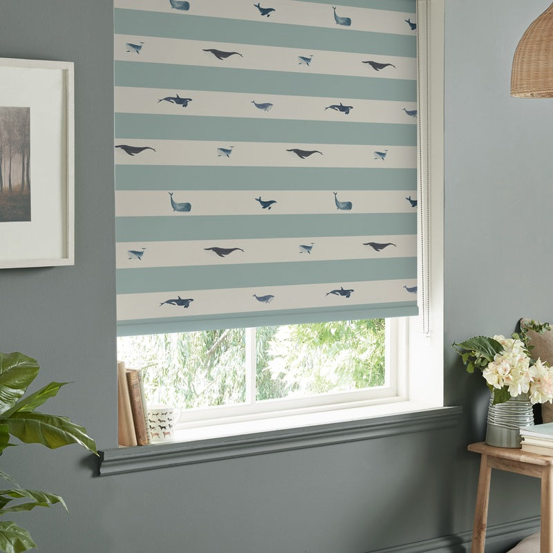Sophie Allport Whale Stripe Made to Measure Blackout Roller Blind Deep Duck Egg