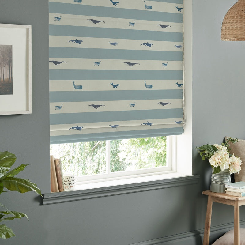 Sophie Allport Whale Stripe Made to Measure Roman Blind Deep Duck Egg