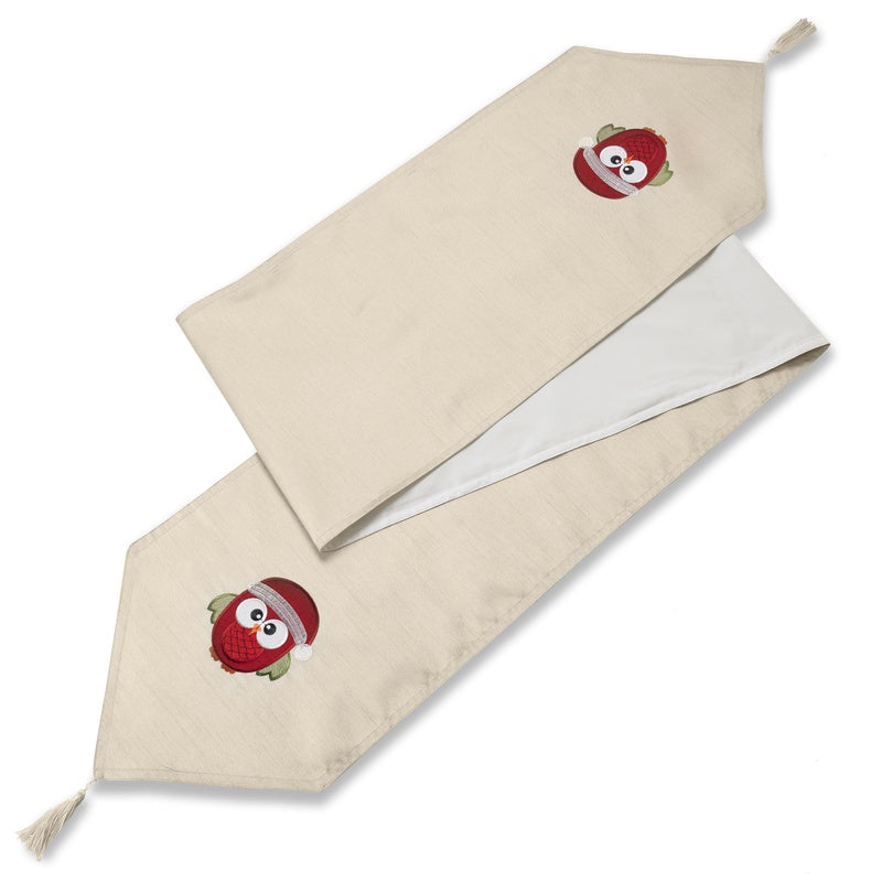 Christmas Owl Embroidered Christmas Table Runner Cream
